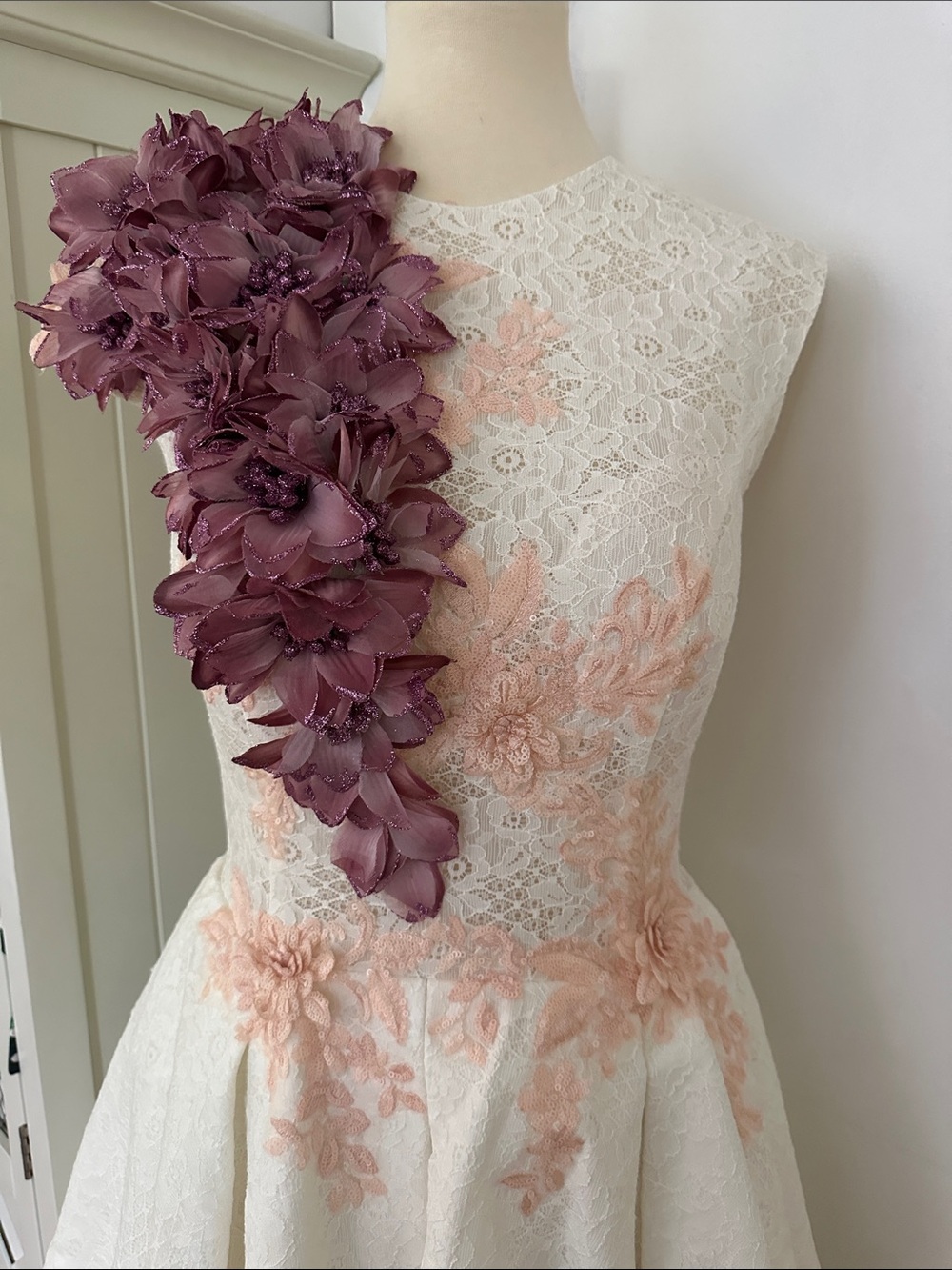 Bridal shower White Lace Dress with Pink Floral Appliqué and Purple Accent - Picture 2 of 4